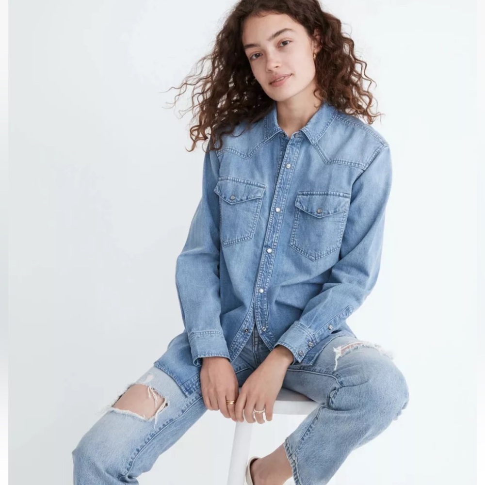 Madewell Alexa Chung Dark Blue Long Sleeve Pearl Snap Denim Shirt M NWT